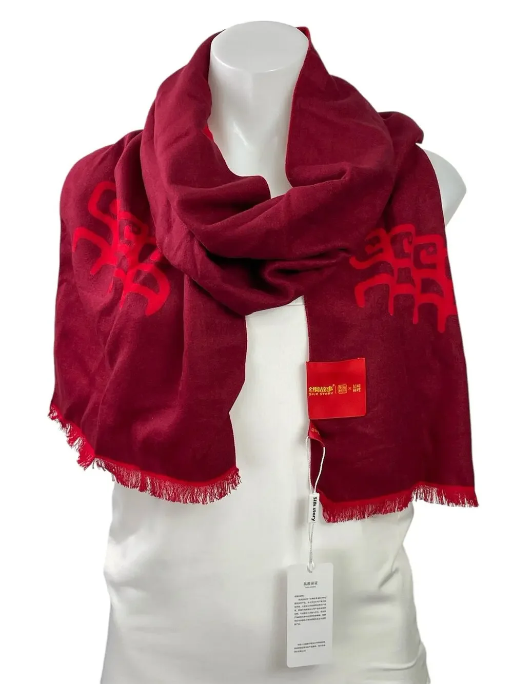 NEW Silk Story Women's Red Two Tone Fringe Wrap Shawl Neck Scarf Size OS